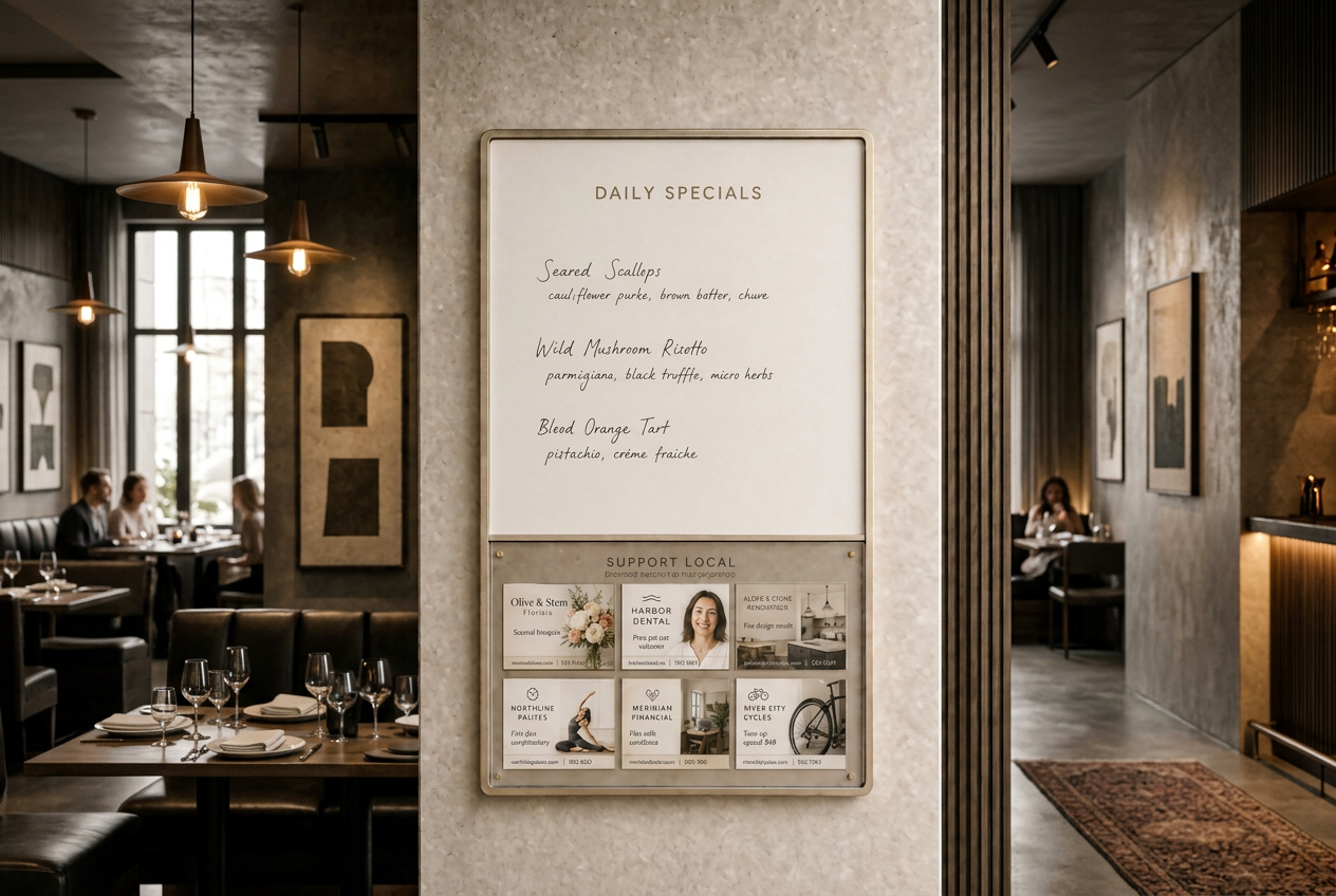 A Neighbour Board in a warm café — daily specials handwritten above six local business advertising cards